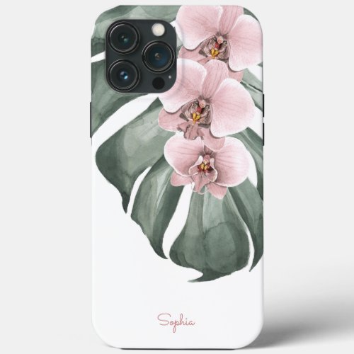 Pink Orchids on Monstera Tropical Floral with Name iPhone 13 Pro Max Case