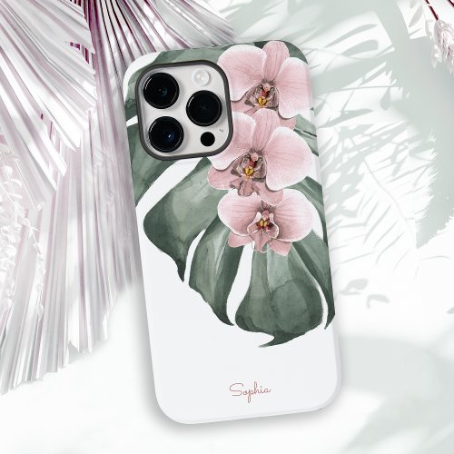 Pink Orchids on Monstera Tropical Floral with Name Case_Mate iPhone 14 Pro Max Case