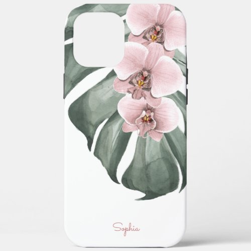 Pink Orchids on Monstera Tropical Floral with Name iPhone 12 Pro Max Case