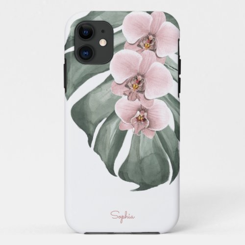 Pink Orchids on Monstera Tropical Floral with Name iPhone 11 Case