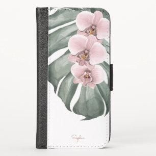 Pink Orchids on Monstera Tropical Floral with Name iPhone X Wallet Case