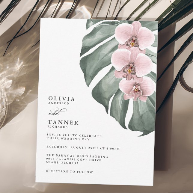 Pink Orchids on Monstera Tropical Paradise Wedding Invitation (Creator Uploaded)