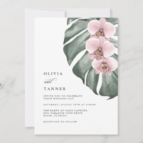 Pink Orchids on Monstera Tropical Paradise Wedding Invitation