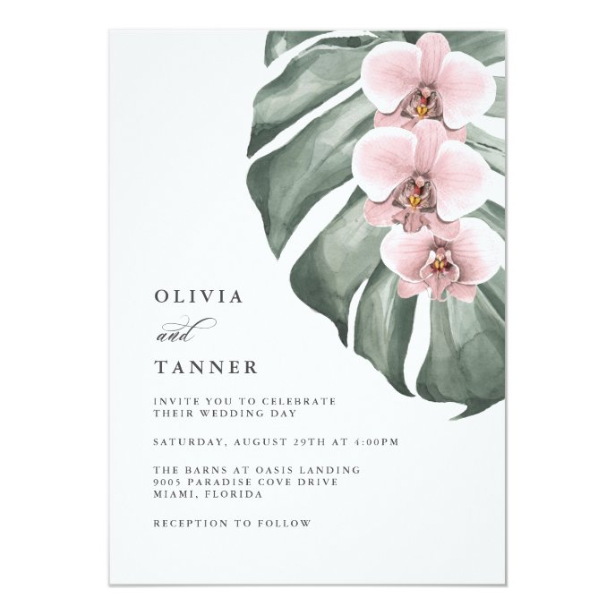 Pink Orchids on Monstera Tropical Paradise Wedding Invitation