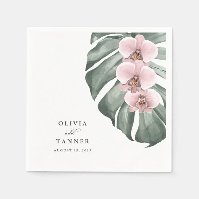 Pink Orchids on Monstera Tropical Paradise Wedding Napkins (Front)