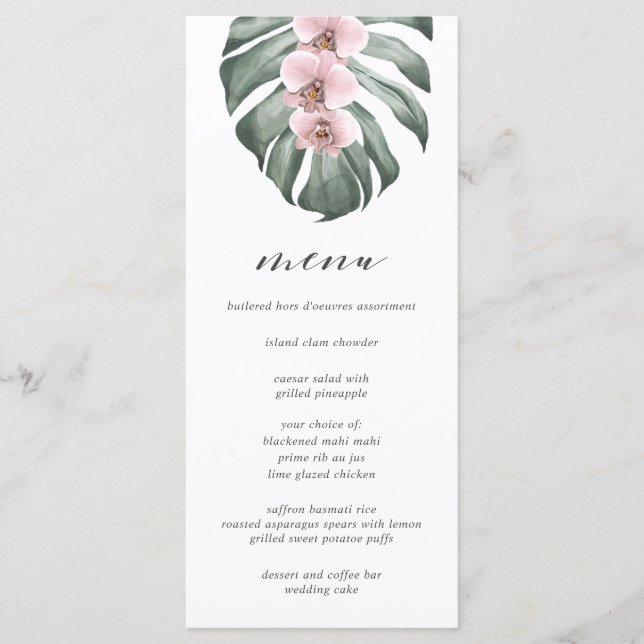 Pink Orchids on Monstera Tropical Wedding Menu (Front)
