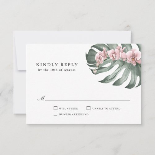 Pink Orchids on Monstera Tropical Wedding RSVP