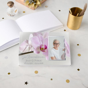 Pink Orchids on Stem Funeral Service Memorial Foil Guest Book