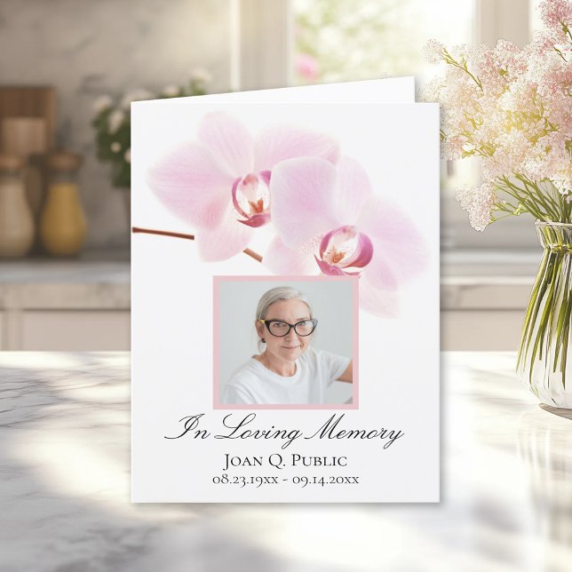 Pink Orchids on White Funeral Memorial Sympathy Thank You Card (Creator Uploaded)