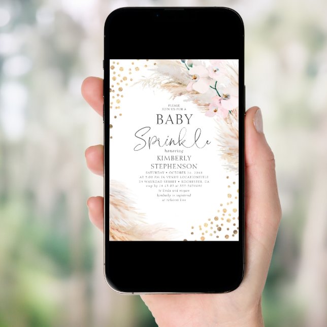 Pink Orchids Pampas Grass Baby Shower Sprinkle Invitation (Front Digital)