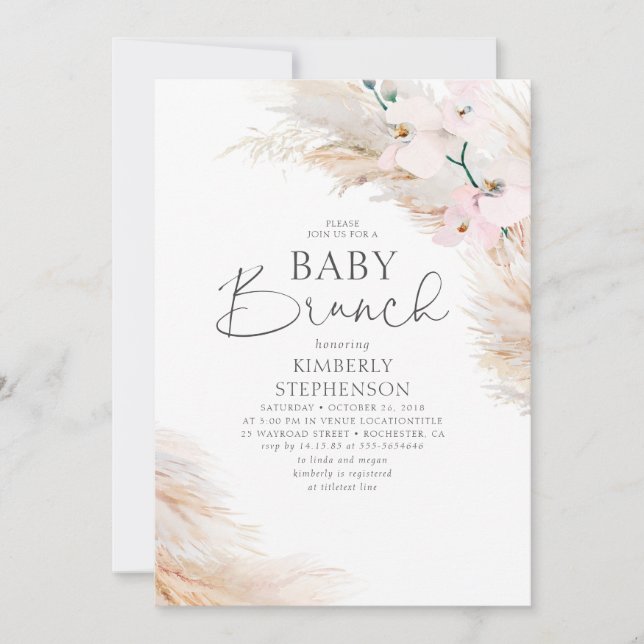 Pink Orchids Pampas Grass Brunch Baby Shower Invitation (Front)