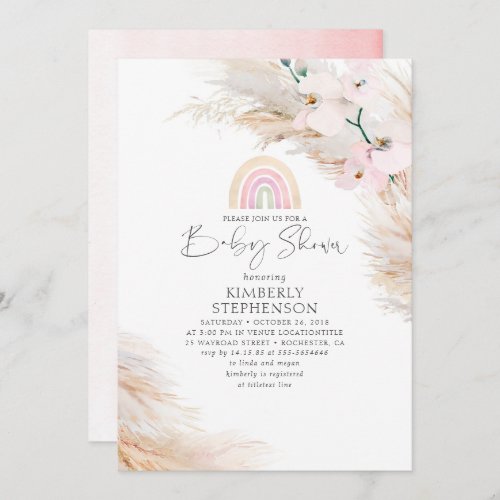 Pink Orchids Pampas Grass Rainbow Baby Shower Invitation