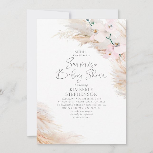 Pink Orchids Pampas Grass Surprise Baby Shower Invitation (Front)