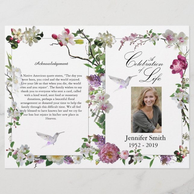 Pink Orchids Peony Hummingbird Funeral Program  Flyer (Front)