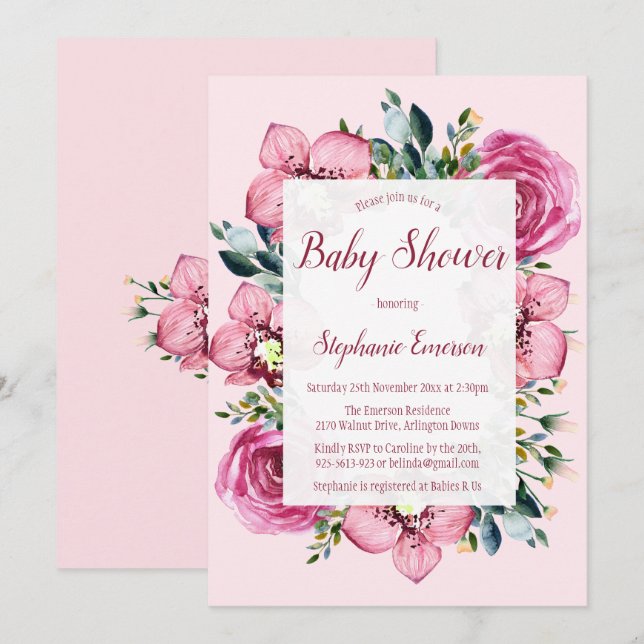 Pink Orchids & Roses Baby Shower Invitations (Front/Back)