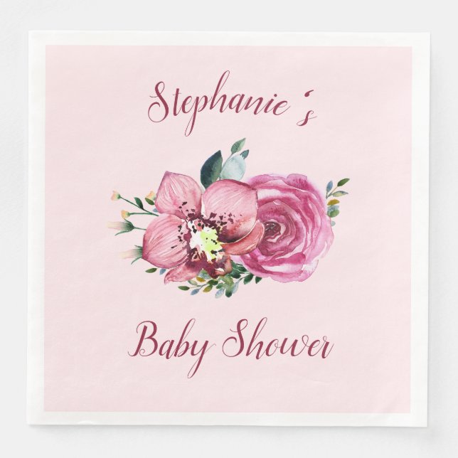 Pink Orchids & Roses Baby Shower Paper Dinner Napkins (Front)