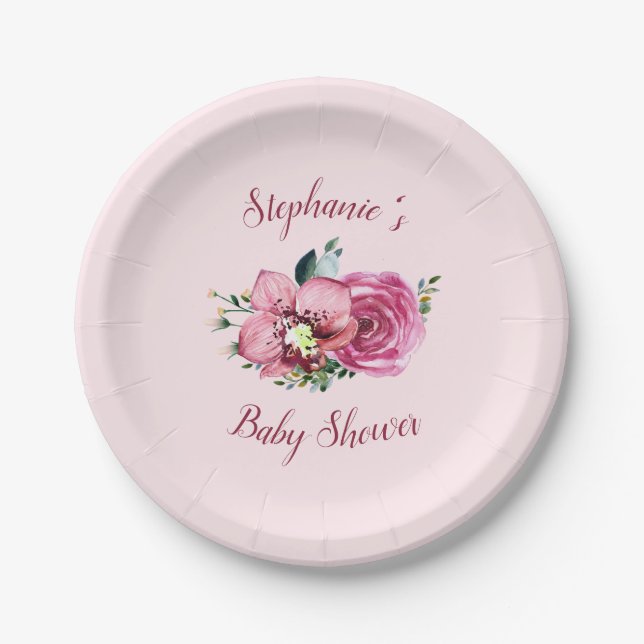 Pink Orchids & Roses Baby Shower Paper Plates (Front)