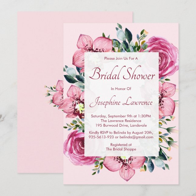 Pink Orchids & Roses Watercolor Bridal Shower Invitation (Front/Back)