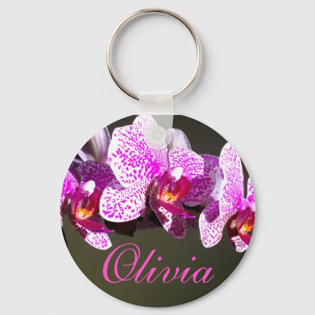 Pink Orchids tropical floral calligraphy Keychain (Front)