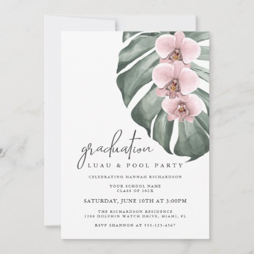 Pink Orchids Tropical Graduation Luau _ Pool Party Invitation