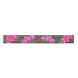 Pink Orchids Tropical Greenery Gold Glitter Satin Ribbon