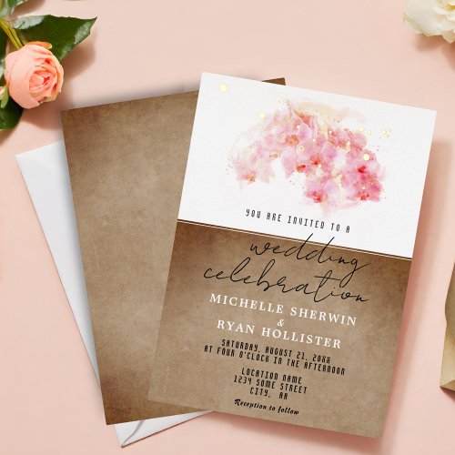 Pink Orchids Watercolor Old Paper Wedding Gold Foil Invitation