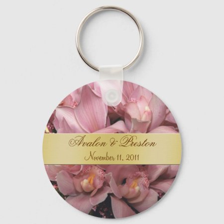 Pink Orchids Wedding Favor Gold Keychain
