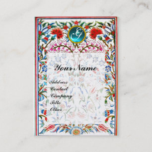 PINK ORIENTAL FLOWERS DAMASK MONOGRAM Blue Pearl Business Card