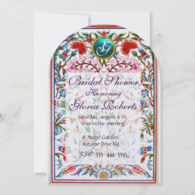 PINK ORIENTAL FLOWERS DAMASK MONOGRAM Blue Pearl Invitation (Front)