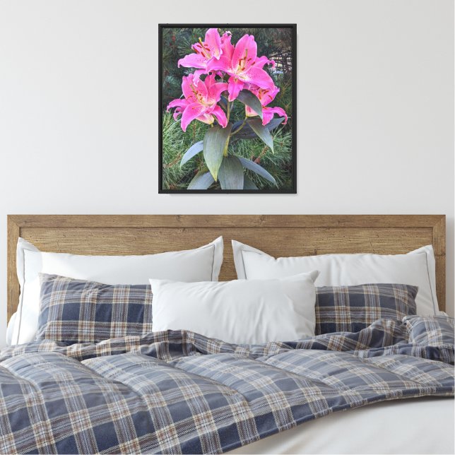 Pink Oriental Lilies Floral Canvas Print (Insitu(Bedroom))