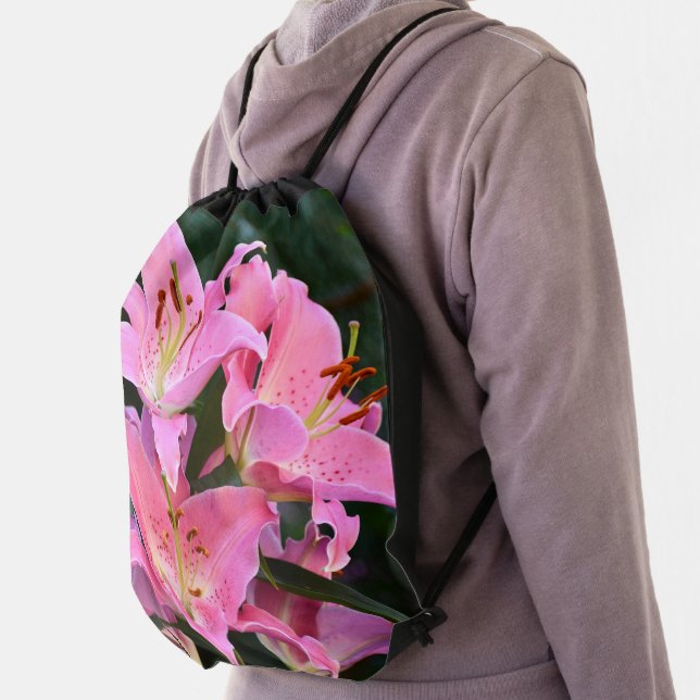 Pink Oriental Lilies Floral Drawstring Bag (Insitu)