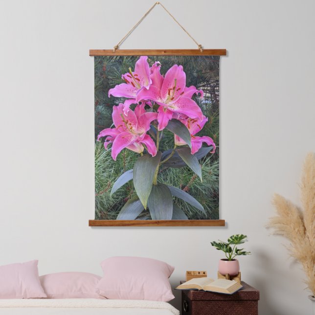 Pink Oriental Lilies Floral Hanging Tapestry (Bedroom)