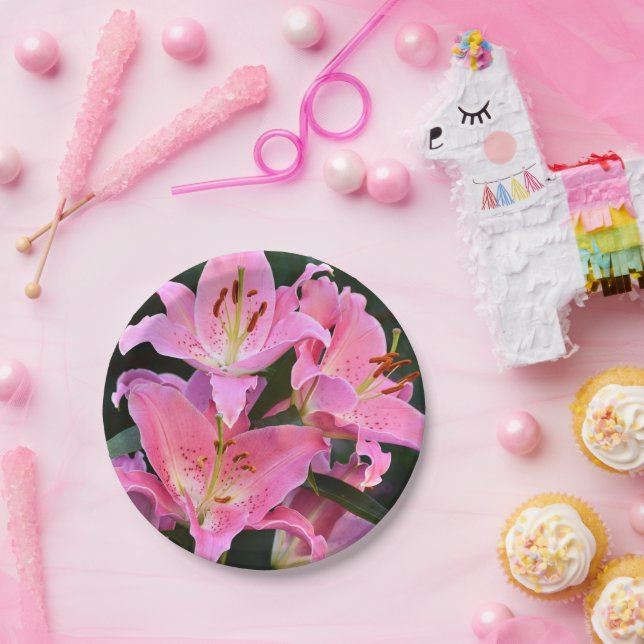 Pink Oriental Lilies Floral  Paper Plates (Party)