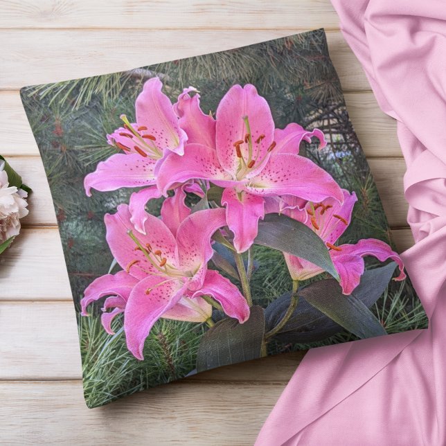 Pink Oriental Lilies Floral Throw Pillow (In Situ Fabric)