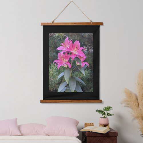 Pink Oriental Lilies with Black Border Floral Hanging Tapestry
