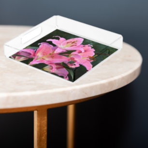 Pink Oriental Lily Blooms Floral Acrylic Tray