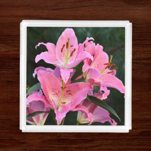 Pink Oriental Lily Blooms Floral Acrylic Tray