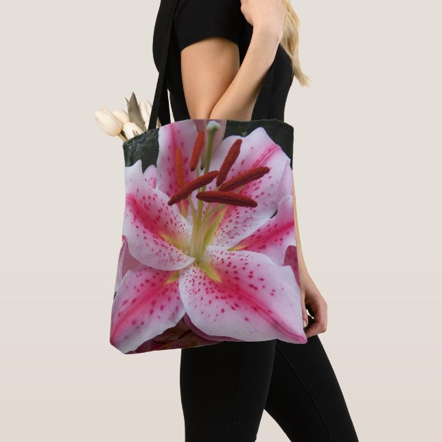 Pink Oriental Lily Floral Tote Bag (Close Up)