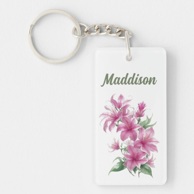 Pink Oriental Lily Flowers Personalized Keychain (Front)