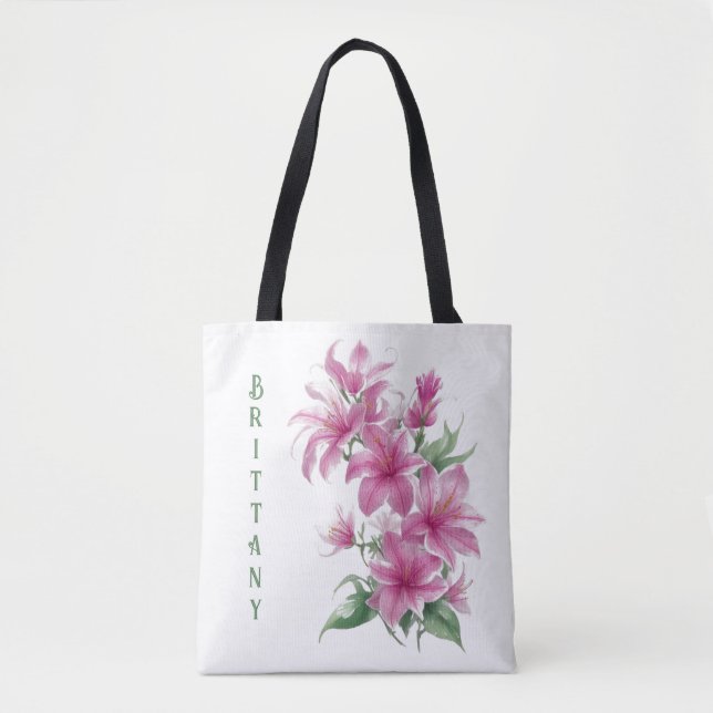 Pink Oriental Lily Flowers Personalized Tote Bag (Front)