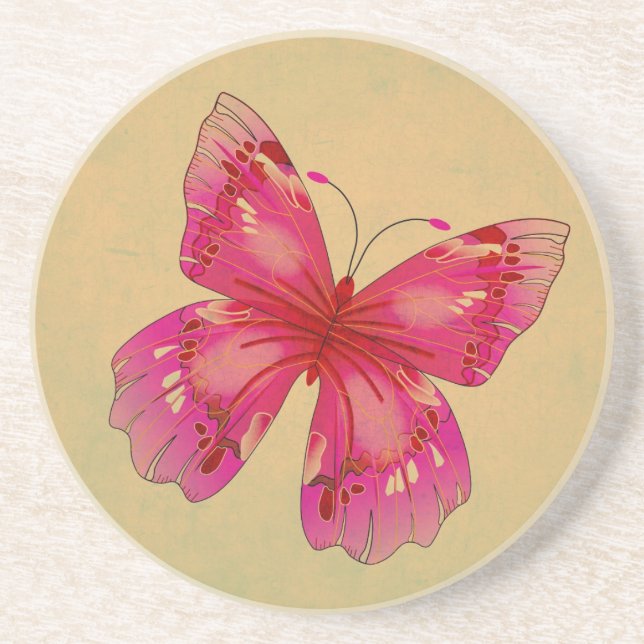 Pink Oriental vintage butterfly art Sandstone Coaster (Front)