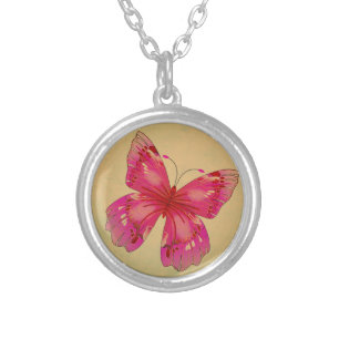 Pink Oriental vintage butterfly art Silver Plated Necklace