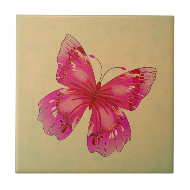 Pink Oriental vintage butterfly art Tile (Front)