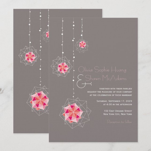 Pink Origami Hanging Ornament Lights Asian Wedding Invitation (Front/Back)