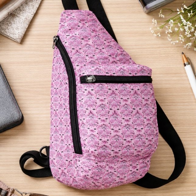 Pink Ornamental Damask Pattern Accessory Pouch Sling Bag (Creator Uploaded)