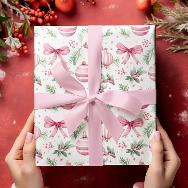 Pink Ornaments & Bows Christmas & Winter Birthday Wrapping Paper (Creator Uploaded)