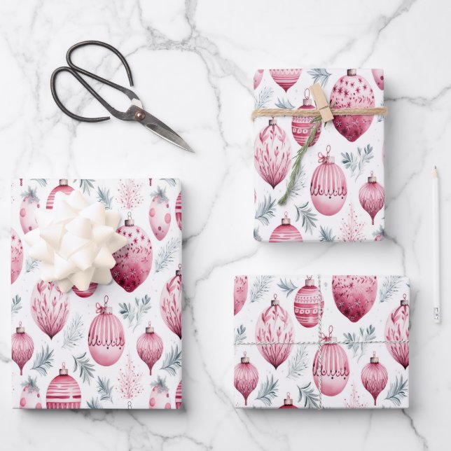 Pink ornaments for festive gift wrapping paper sheets (Front)