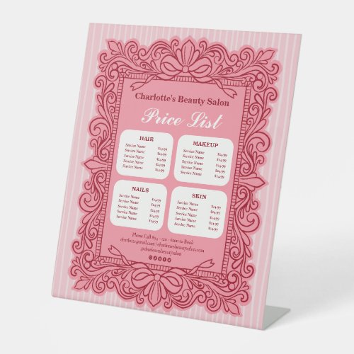 Pink Ornate Bow Frame Salon Price List Sign