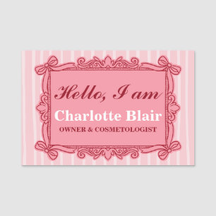 Pink Ornate Bow Vintage Style Frame Hello Name Tag