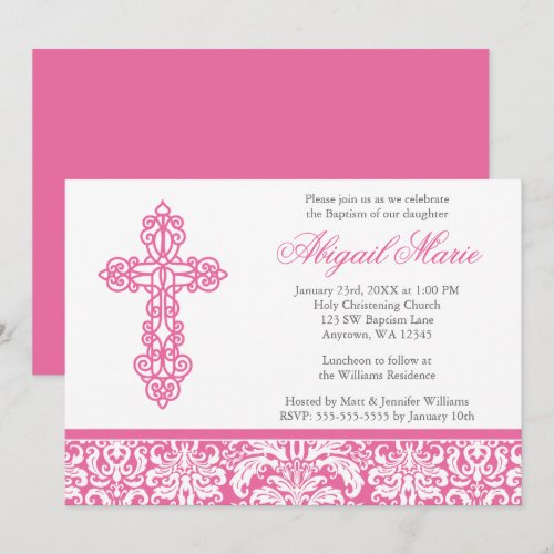 Pink Ornate Cross Damask Girl Baptism Christening Announcements